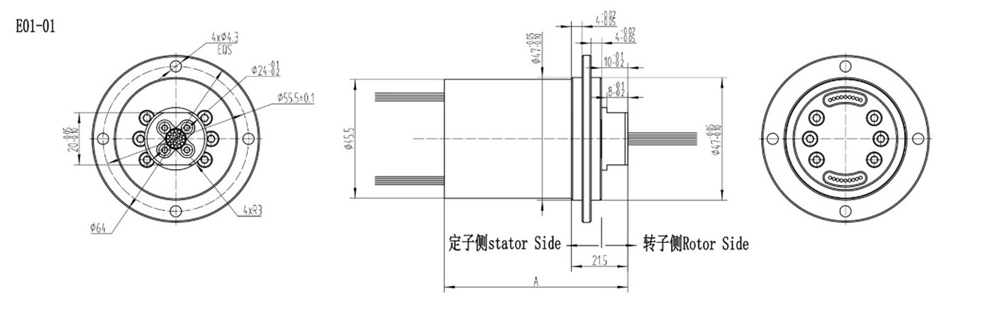 Outline drawing of an E01 signal slip ring with flange and lead dimensions