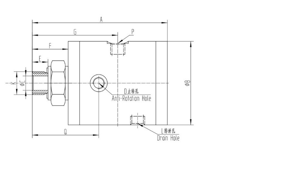 Outline drawing of a single-channel threaded fluid rotary union with anti-rotation and drain holes