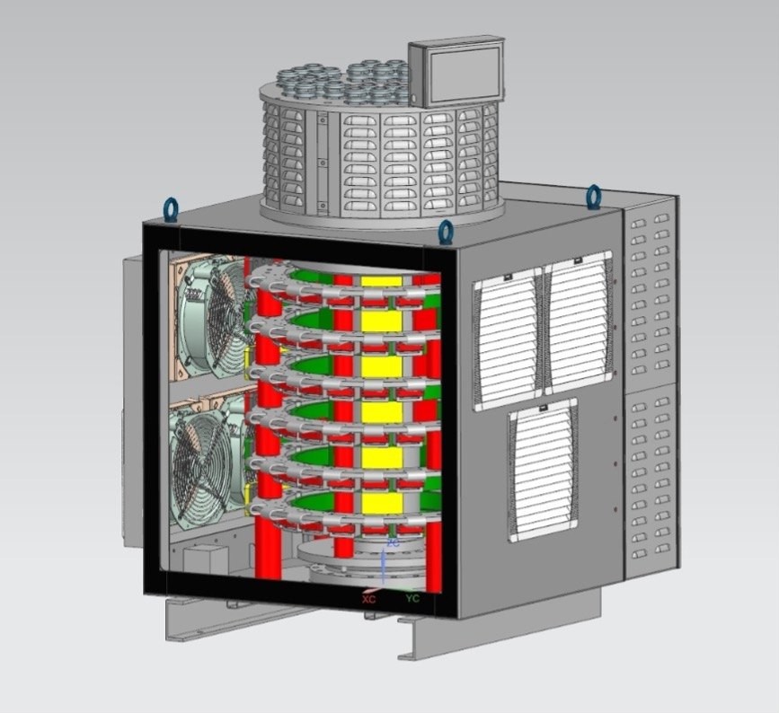 Cutaway render of a power slip ring housing with cooling and monitoring units